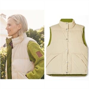 Tory Sport reversible down vest in olive and khaki sand Puffer Vest $498 S
